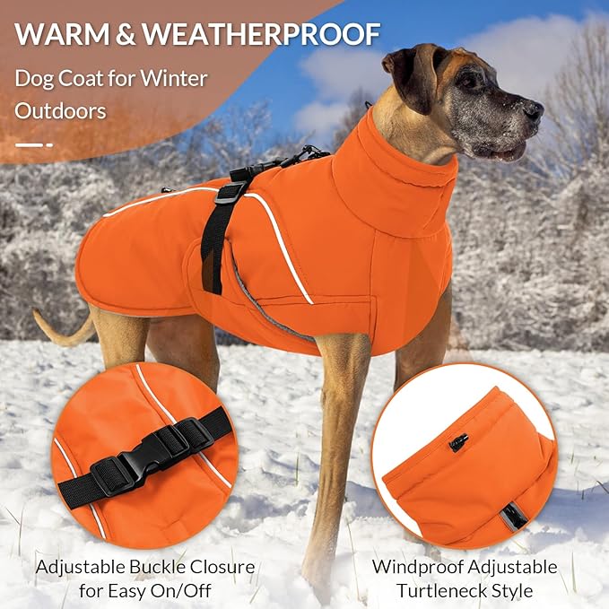 Queenmore Winter Dog Coat Warm Dog Jacket Vest Waterproof Puffer Fleece Snowsuit Adjustable Buckle Leash Hole Reflective Cold Weather Parka for Small Medium Large Dogs Girl Boy Orange M