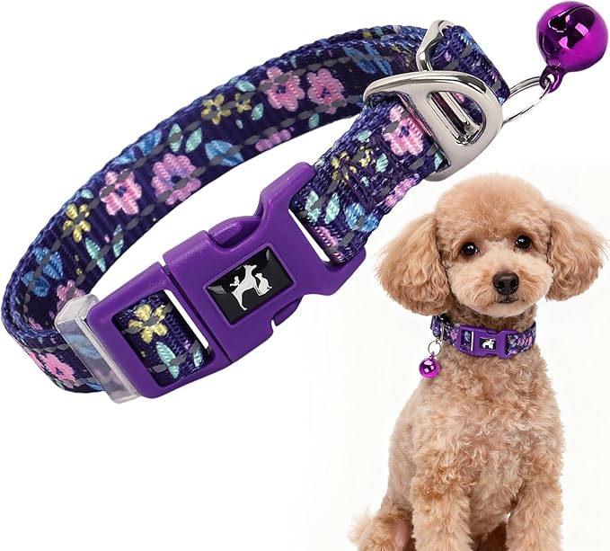 Floral Reflective Dog Collar with Bell -XSmall Puppy Collars for Puppia Pet Cat Girl Kitten Small Breeds, Cute Adjustable Nylon Collar for Yorkie Chihuahua Night Walks (XS)