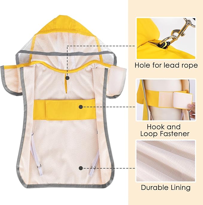 SlowTon Dog Raincoat, Adjustable Dog Rain Jacket Clear Hooded Double Layer, Waterproof Poncho with Reflective Strip Straps and Storage Pocket for Small Medium Large Puppies(S)