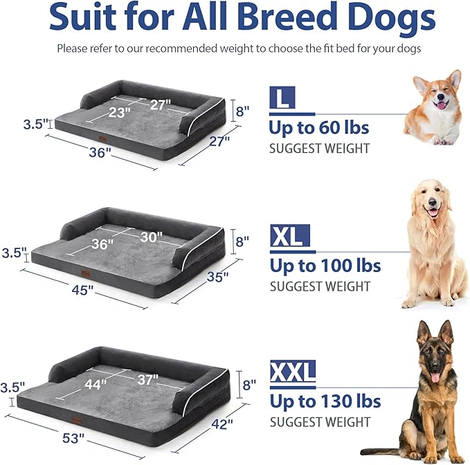 Orthopedic XXL Dog Beds, Waterproof Egg Crate Foam Big Pet Bed for All Breed Sized Dogs 53x42Inch, Washable Extra Large Dog Couch Bed with Removable Cover and Non-Slip Bottom, Dark Grey