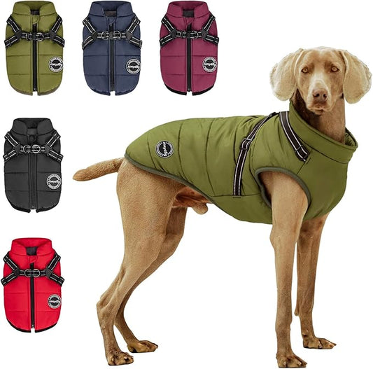 Warm Dog Winter Coat, Windproof & Waterproof Jacket with Built-in Harness, Reflective & Adjustable Comfortable Pet Vest for Small Dogs (Green)