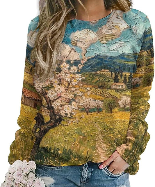 Long Sleeve Shirts for Women Cat Oil Painting Shirt 3D Graphic Sweatshirts Fall Pullover Crewneck Vintage Boho Tops