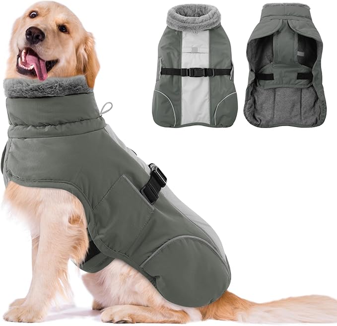 Queenmore Fleece Dogs Coats, Dog Jackets for Large Breeds, Windproof Dog Coats Winter, Reflective Pet Jackets, Grey, XXXL