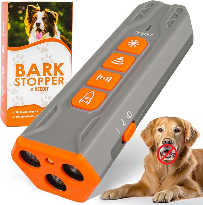 NEEDIT Dog Bark Deterrent Device to Stop Own or Neighbor’s Dog Barking, Biting & Fighting with Long Range – Rechargeable Ultrasonic Portable Anti Barking Device with 3X Sonic Emitters & Light (Gray)