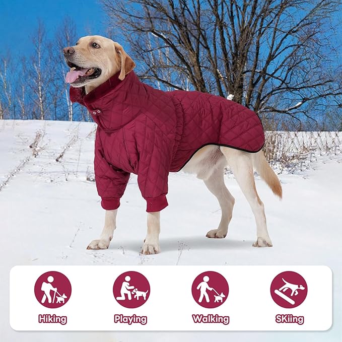 IDOMIK Dog Winter Coat for Large Dogs, Warm Dog Winter Jacket with Fleece High Collar, Zippered Cold Weather Coats for Dogs, Waterproof Doggy Snow Jacket Clothes,WineRed,L