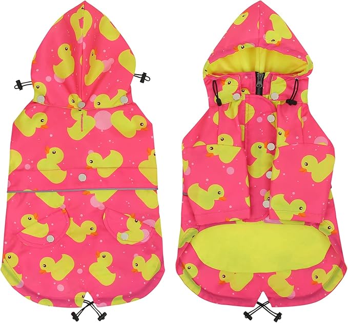 HDE Dog Raincoat Poncho Double Layer Zip Rain Jacket with Removable Hood, Leash Hole for Small to 3XL Dogs and Puppies Ducks Pink - M