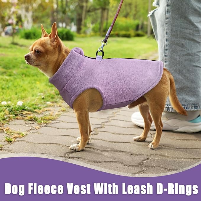 Idepet Dog Fleece Vest Sweater Zip Up Warm Pullover Dogs Jacket with D-Ring Leash Winter Cold Weater Coat Pet Sweatershirt Clothes Hoodie for Small Medium Dogs Boy Girl (Purple, XS)