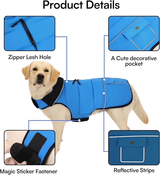 Dog Coat, Small Dog Jacket, Windproof Dogs Puffer Jacket, Fleece Lined Warm Dogs Winter Coat with Harness Hole (Blue M)
