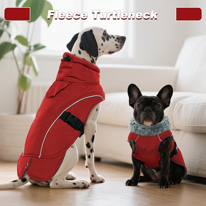 DENTRUN Dog Winter Coat - Windproof Reflective Jacket, Plush Turtleneck & Adjustable Belt, Water Repellent Fleece Lined Cold Weather Vest for Corgi Bulldog, Red, L