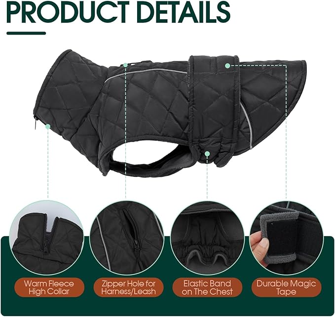 Kuoser Extra Warm Dog Jacket Windproof Cold Weather Coats for Medium Dogs, Fleece Lining Turtleneck Dog Coat Quilted Pet Christmas Winter Snow Suit with Reflective Strips, Dark Grey M
