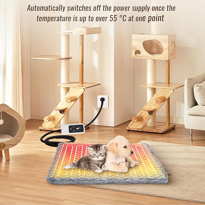 Heeyoo Pet Heating Pad, Adjustable Temperature Dog Cat Heating Pad with Timer, Waterproof Heated Dog Bed with Chew Resistant Cord, Auto Power-Off Indoor Pet Heated Mat for Dogs and Cats, 28" x 16"
