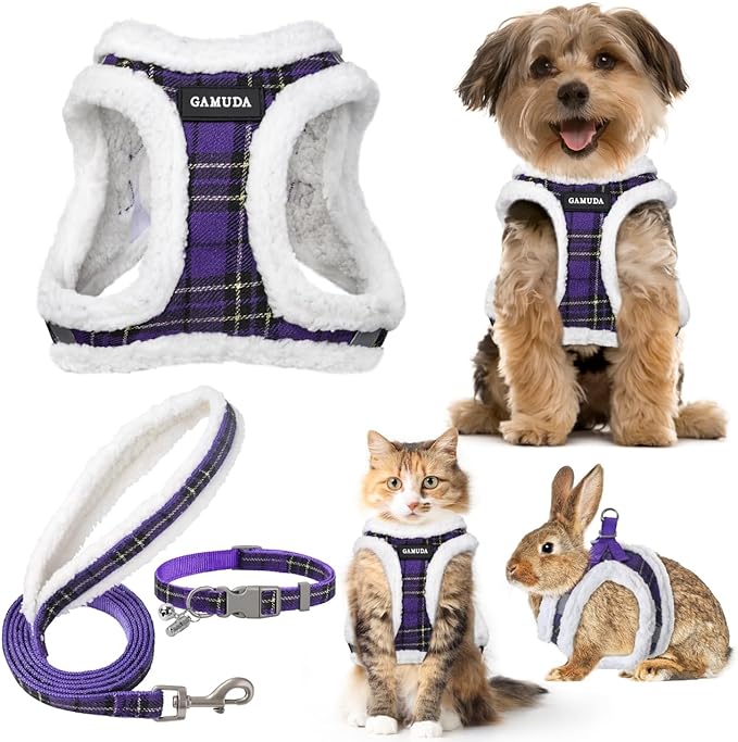GAMUDA Small Dog Harness Collar and Leash Set, Step in No Chock No Pull Soft Mesh Adjustable Dog Vest Harnesses Plaid Reflective for Dogs Puppy Cats Kitten Rabbit (Warm Purple, XL)