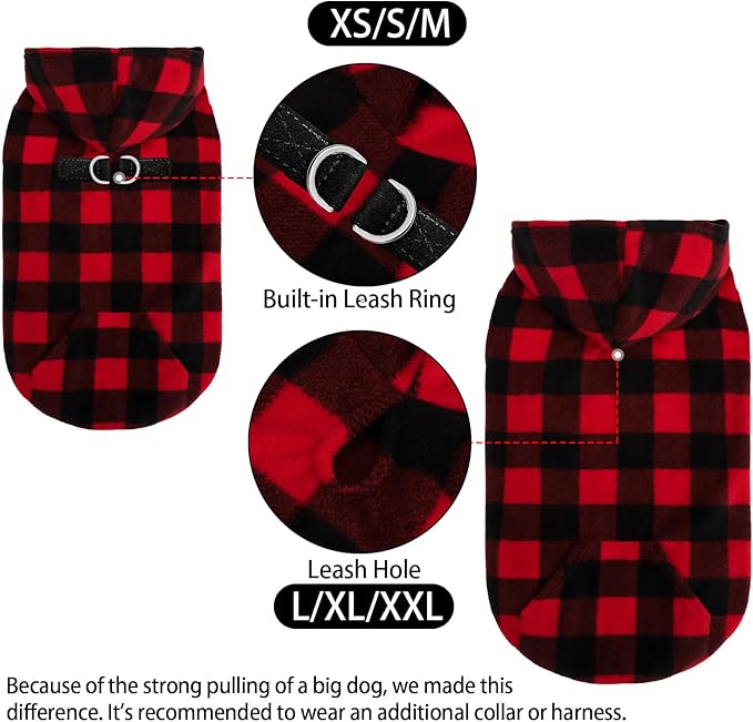 EXPAWLORER Dog Hoodie Fleece Sweater Vest, Plaid Dog Sweatshirt Fall Winter Pet Clothes with Leash Hole, Sleeveless Warm Cozy Puppy Clothing for Cat Small Medium Large Dogs Girl Boy, Checkered L