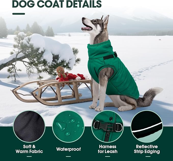 Kuoser Winter Dog Coat for Medium Dogs, Cold Weather Jacket & Vest for French Bulldog, Boston Terrier, Green M