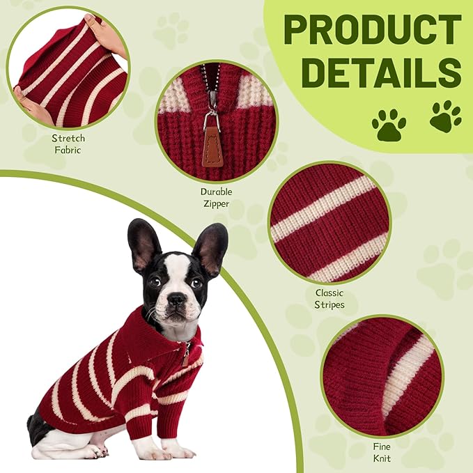 Small Dog Sweater with Zipper, Knitted Striped Pullover Dog Clothes for Cold Weather, Thick Warm Cozy Stretchy Sweater for Chihuahua, Bulldog, Dachshund, Pug(Red & White Strip, M)