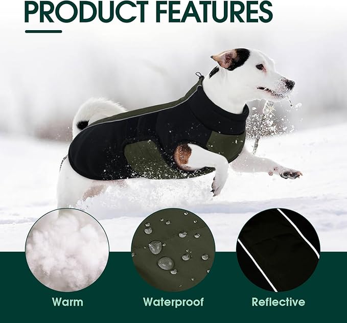 Kuoser Dog Jacket, Dog Coats for Large Dogs Winter Waterproof, Reflective Doggie Vest with Leash Hole, Cold Weather Coats Pet Snow Jacket for Labrador Beagle, Green XL