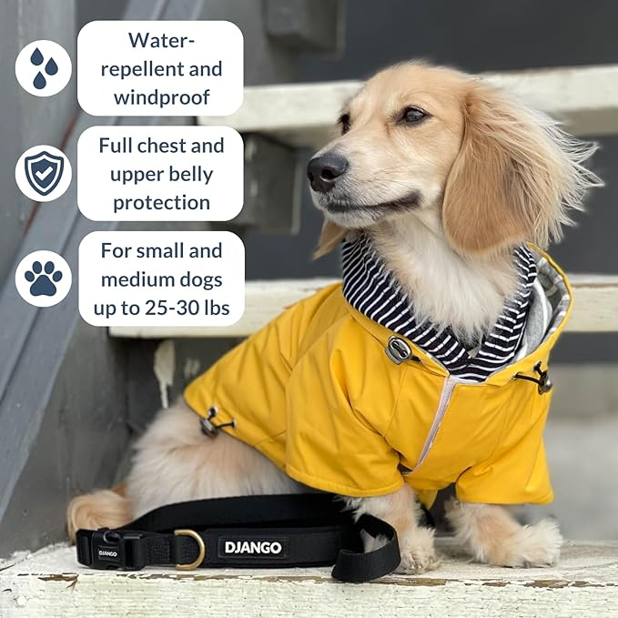 DJANGO Highland Dog Jacket & Raincoat – Water-Repellent, Lined Dog Coat with Hood, Adjustable Fit & Harness Hole – Lightweight Rain & Wind Jacket for Small & Medium Dogs up to 30 lbs (Olive, Medium)