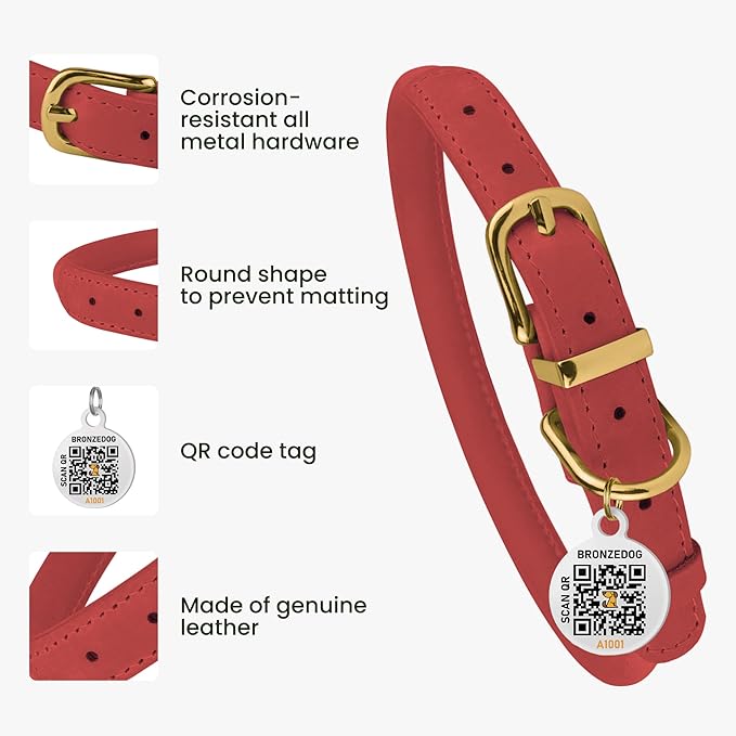 BronzeDog Rolled Leather Dog Collar with QR ID Tag, Adjustable Soft Round Collars for Small Medium Large Dogs Puppy (9" - 11" Neck Size, Coral Pink)