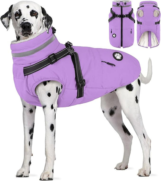 Dogcheer Dog Coat with Harness, Waterproof Dog Jacket, Reflective Puppy Winter Jacket with Pocket, Doggy Turtleneck Fleece Vest for Small Medium Large Dogs - Taro Purple, 3XL