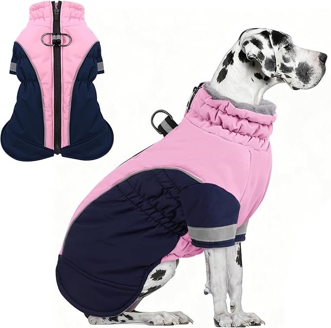 AOFITEE Dog Warm Fleece Turtleneck Coat, Windproof Waterproof Winter Jacket with Harness, Pink Navy Blue, Large