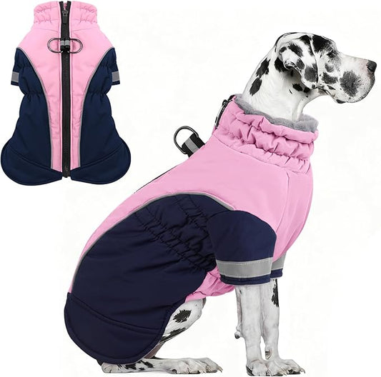 AOFITEE Dog Warm Fleece Turtleneck Coat, Windproof Waterproof Winter Jacket with Harness, Pink Navy Blue, Large