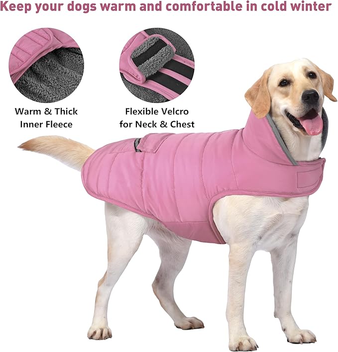 Dog Coat, Waterproof Dog Winter Jacket with Pocket, Reflective Adjustable Pet Snow Vest, Warm Cozy Fleece Sweater for Small Medium Extra Large Dogs - Light Pink, L