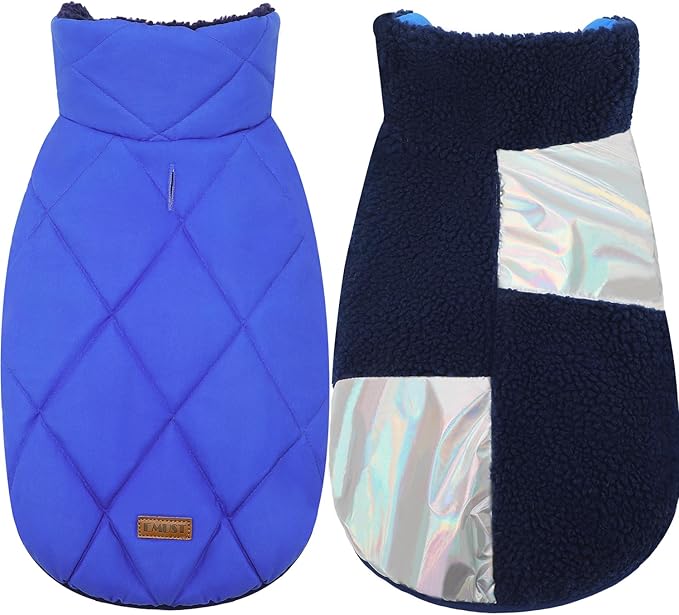 EMUST Warm Dog Jacket, Cozy Dog Fleece Coat with Leash Hole, Waterproof Reversible Winter Coats for Small Dogs, Royal Blue, XS