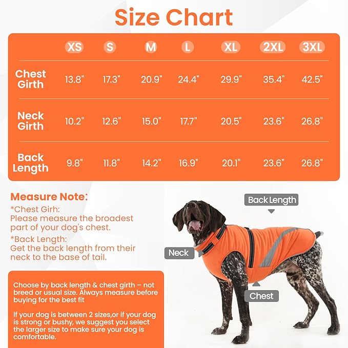 QBLEEV Warm Dog Coat for Medium Dogs, Waterproof Dog Winter Jacket with Built-in Harness & Reflective, Snowproof Warm Coat with Zip Closure, Windproof Neck Drawcord Snow Jackets, Orange, L