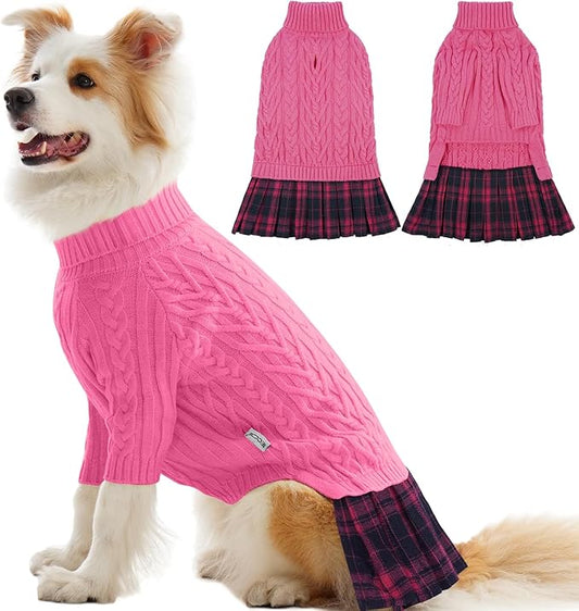 IECOii XL Dog Sweater Dress for Large Dogs Girl, Cable Knit Winter Dress for Female Dogs, Pink, XLarge, Soft Girl Dog Sweater with Tartan Plaid Skirt Cute Turtleneck Knitwear for Cold Weather