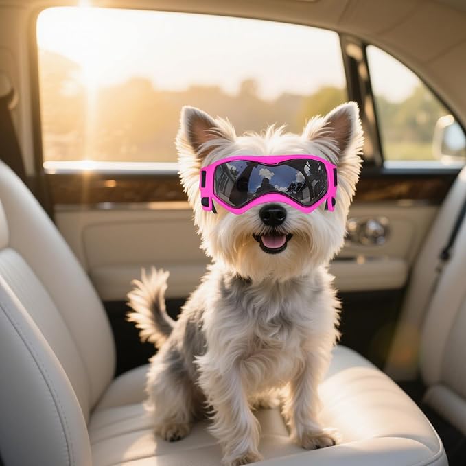 Namsan Dog Goggles Small Breeds, UV Protection Dog Glasses for Small Dogs, Puppy Sunglases Windproof Dustproof Driving Eye Protection, Adjustable, Cool Pink