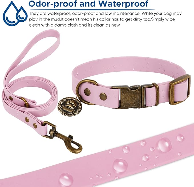 Wisedog Dog Collar and Leash Set, Waterproof Adjustable Puppy Collars with Cute Tag 6FT Dog Leash with Poop Bag for Small Medium Large Dogs (M, Pale Pinkish Purple)