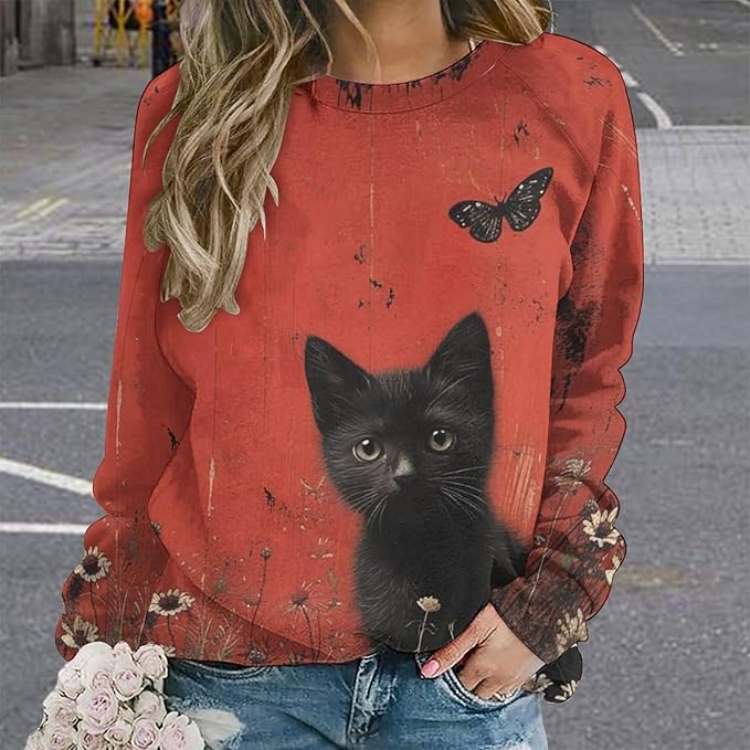 Long Sleeve Shirts for Women Cat Oil Painting Shirt 3D Graphic Sweatshirts Fall Pullover Crewneck Vintage Boho Tops