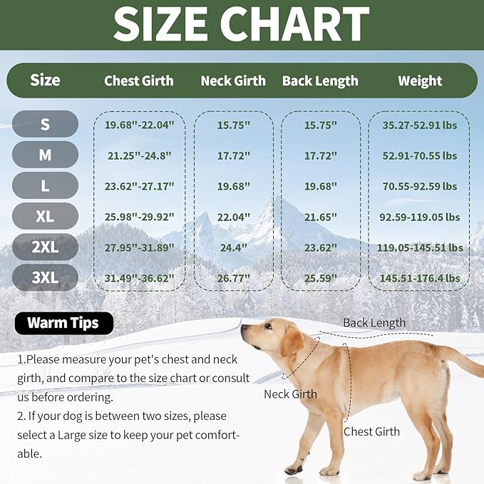 IDOMIK Dog Winter Coat for Large Dogs, Warm Dog Winter Jacket with Fleece High Collar, Zippered Cold Weather Coats for Dogs, Waterproof Doggy Snow Jacket Clothes,Green,2XL