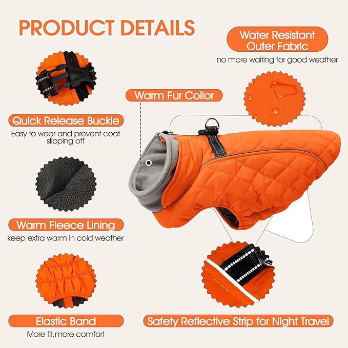 Dog Coat with Harness Built in -Orange,Small- Fleece Lined Dog Snow Jacket Snowsuit，Adjustable Reflective Winter Warm Cold Weather Coat