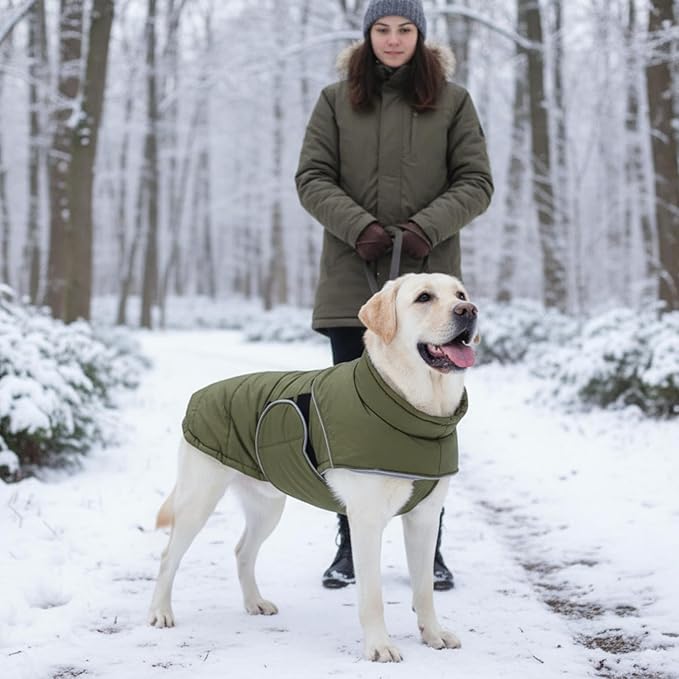 ASENKU Extra Warm Dog Coat - Winter Puffer Jacket with Fleece, Reflective, Adjustable, Zippered Leash Hole for Large Dogs (Green, 2XL)