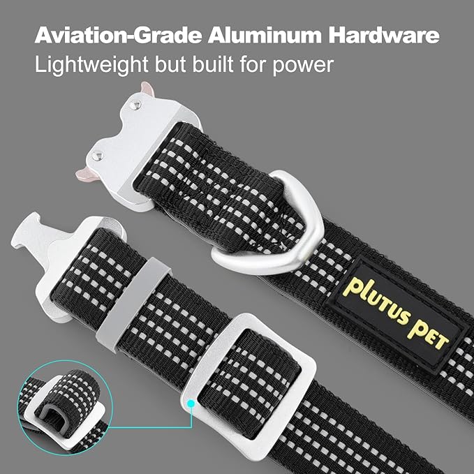 Plutus Pet Reflective Dog Collar with Aviation Aluminum Buckle, Neoprene Padded for Comfort, Lightweight, Heavy Duty Nylon Collar for Puppy Small Medium Large Dogs (Black, L)