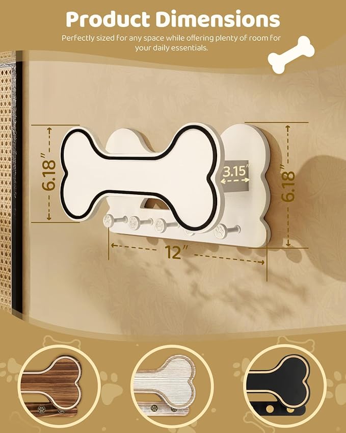 Decorative Dog Leash Holder for Wall - Doggie Bone Shape Key Holder Wall Mount with 5 Chic 3D Puppy Paw Hooks & Dog Stuff Storage Shelf - Apartment Essentials (Black & White)