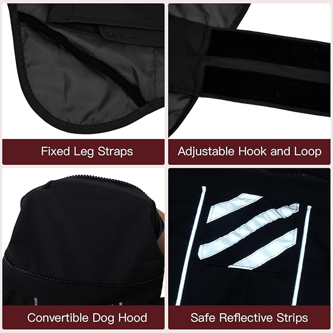 Dog Raincoat Waterproof , Reflective Adjustable Rain Jacket with Leash Hole, Convertible Hood/Collar Rain Coat for Dogs Poncho Breathable Lightweight (Black, XL)