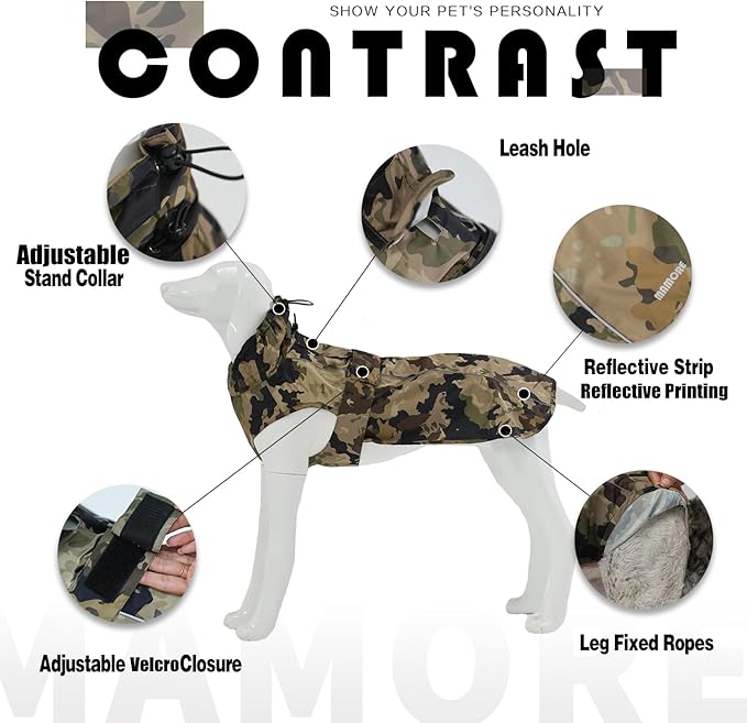 Waterproof Dog Raincoat with Reflective Strip, Adjustable Breathable Rain Coat Jacket with Leash Hole for Dogs (Camo, Large)