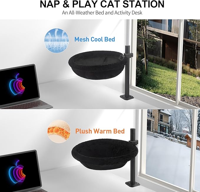 Cat Desk Bed - Machine Washable Reversible Cats Hammock for Large and Kitten - 360° Rotating & Height Adjustable - Supports Up to 45lbs - Indoor Cat Nest Furniture for Office & Game Tables - Black
