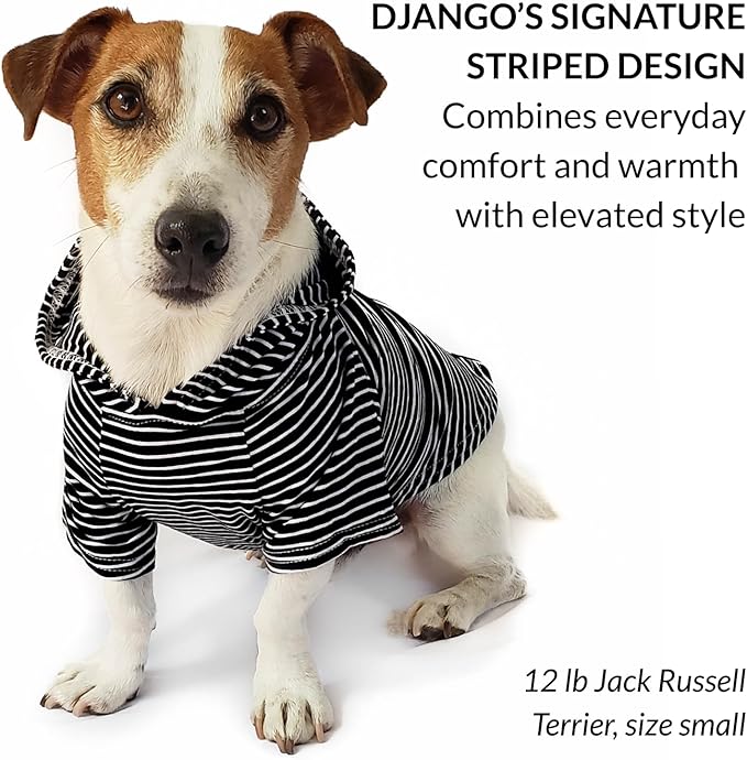 DJANGO Dog Hoodie – Warm, Lightweight, Soft & Stretchy Dog Sweater with Hood, Harness Hole & Elastic Waistband – Cozy Sweatshirt for Small Dogs up to 25 lbs, Dachshunds & Puppies – Black, Medium
