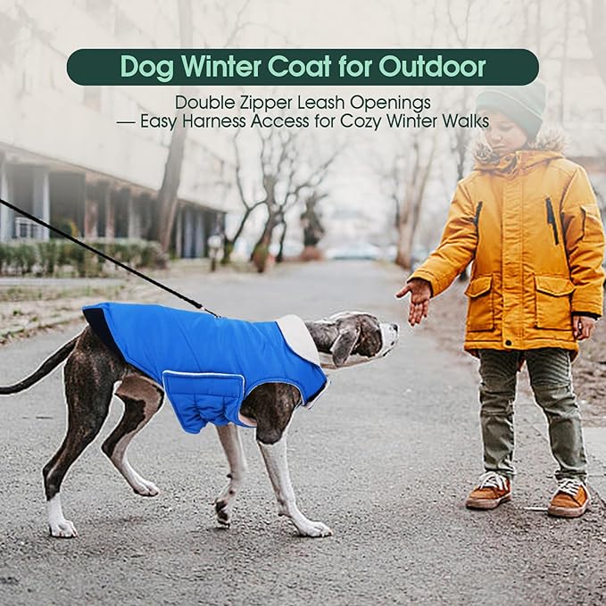 Kuoser Dog Coat Large, Cold Weather Reflective Waterproof Dogs Jacket with Warm Fleece Lining, Turtleneck Dog Winter Coat with Zipper, Doggy Snow Jacket Pet Coats for Small Medium Large Dogs, Blue 3XL