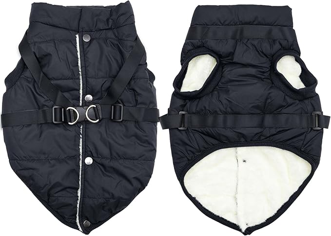 Dog Jacket with Harness,Fleece Lined Warm Puppy Coat for Winter,Soft Windproof Small Dog Vest,Black XS