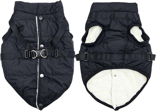 Dog Jacket with Harness,Fleece Lined Warm Puppy Coat for Winter,Soft Windproof Large Dog Vest,Black XXL