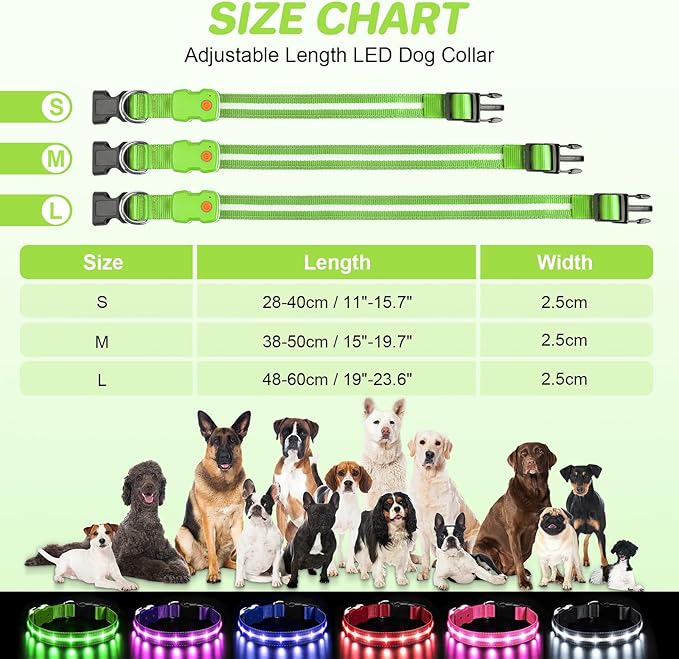 PcEoTllar Light Up Dog Collars, Led Dog Collar, Rechargeable, Night Walking, Waterproof, Glow in The Dark Dog Collars Light for Large Small Medium Dogs, Green m