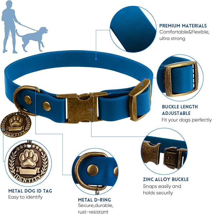 Wisedog Dog Collar and Leash Set, Waterproof Adjustable Puppy Collars with Cute Tag 6FT Dog Leash with Poop Bag for Small Medium Large Dogs (L, Blue)
