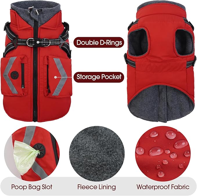 FUAMEY Winter Dogs Coat with Back Zipper, Reflective Dog Jacket with Pop Bag Pockets, Thermal Doggies Vest Warm Clothes Fleece Lined, Extra Large Doggy Cold Weather Coats, Shiba Inu (Red, XL)
