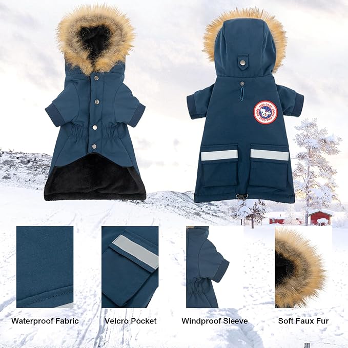 PINA Small Dog Coats - Waterproof, Warm Winter Jacket with Faux Fur Hood, Reflective, Flannel Lined, Windproof