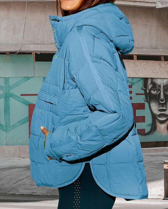 Womens Oversized Hooded Puffer Jacket Fall Winter Warm Quilted LightWeight Jacket Casual Fashion Solid Color Coat