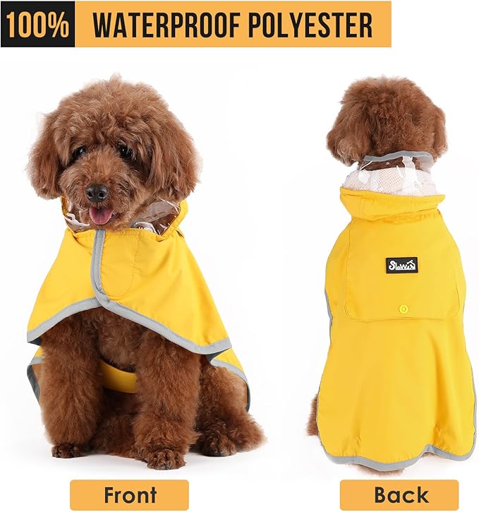 SlowTon Dog Raincoat, Adjustable Dog Rain Jacket Clear Hooded Double Layer, Waterproof Poncho with Reflective Strip Straps and Storage Pocket for Small Medium Large Puppies(S)